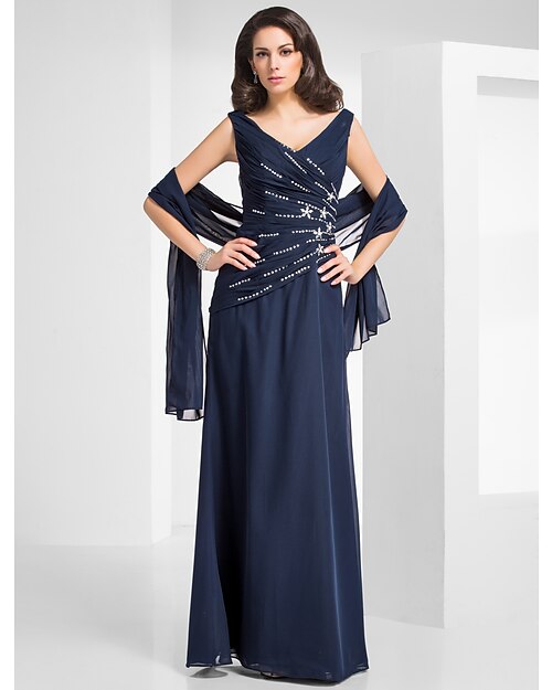 Sheath / Column Elegant Dress Formal Evening Floor Length Sleeveless V Neck Chiffon V Back with Criss Cross Beading 2022 / Sparkle & Shine