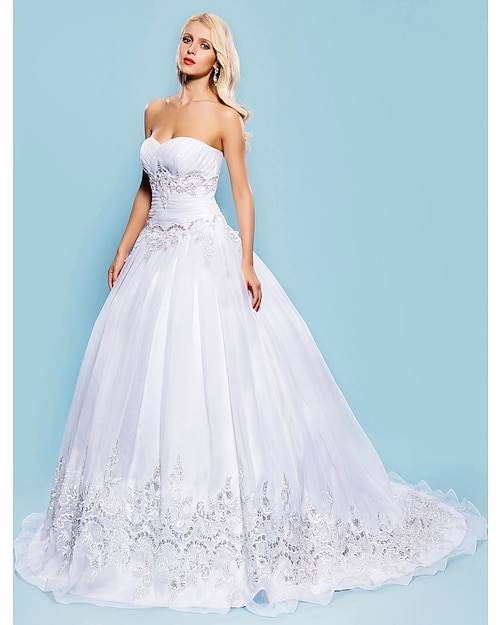 Szalon Esküvői ruhák Báli ruha Szív-alakú Ujjatlan Udvariuszály Organza Menyasszonyi ruhák Val vel Ráncolt Gyöngydíszítés 2023 nyár Esküvő, női ruházat