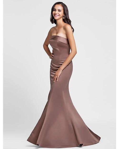 Meerjungfrau-Brautjungfernkleid, trägerlos, ärmellos, mit Schnürung, bodenlang, Satin, mit seitlicher Drapierung, 2025