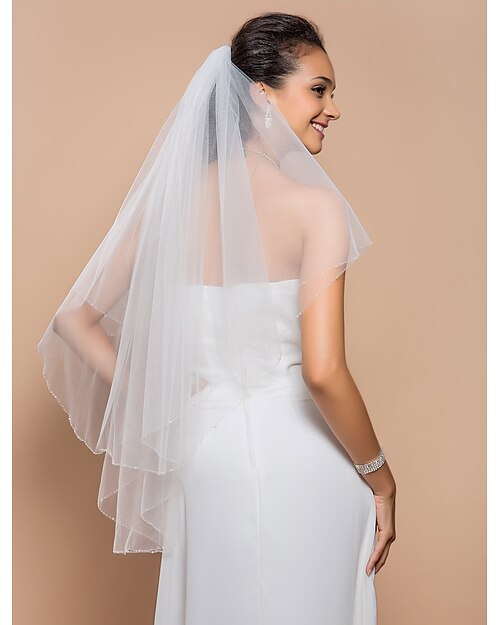 Veli da sposa 2 strati Velo corto (ai gomiti) Bordo ricamato 37,4 in (95cm) Tulle Bianco Adatto a tutti gli stili