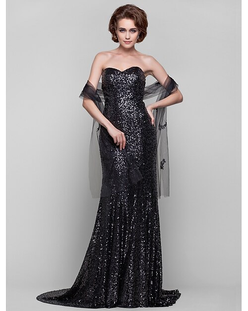 Sheath / Column Mother of the Bride Dress Wrap Included Sweetheart Neckline Strapless Sweep / Brush Train Sequined Sleeveless with Sequin 2021