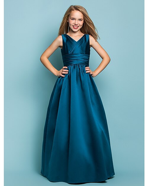 נסיכה עד הריצפה צווארון V סאטן קיץ שמלות ושמלות שושבינה ג'וניור עם סרט כחול שמלת אורח לחתונה לילדים 4-16 שנה