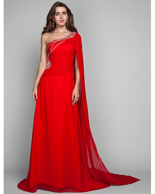 Sheath / Column Open Back Dress Holiday Cocktail Party Sweep / Brush Train Sleeveless One Shoulder Chiffon with Crystals 2023