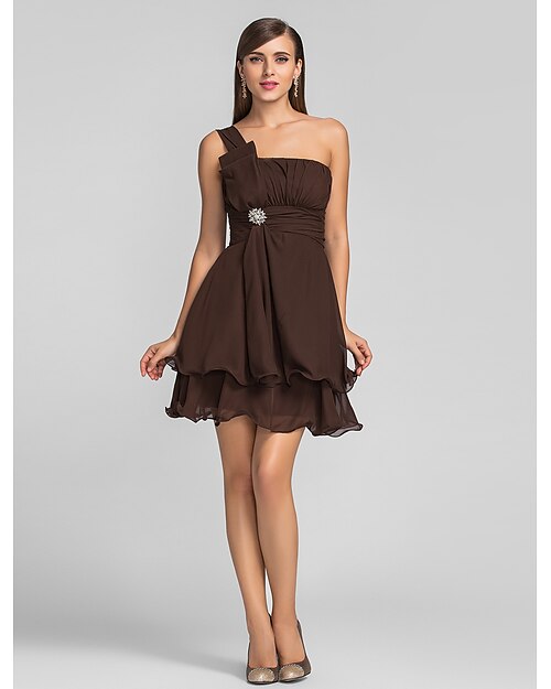 A-Line Cute Dress Homecoming Cocktail Party Short / Mini Sleeveless One Shoulder Chiffon with Ruched Draping Crystal Brooch 2024