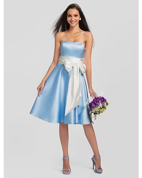 A-Line Strapless Knee Length Satin / Stretch Satin Bridesmaid Dress with Bow(s) / Sash / Ribbon / Pleats by LAN TING BRIDE®