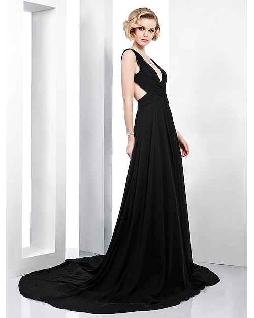 A-Line Beautiful Back Formal Evening Dress Plunging Neck Sleeveless Court Train Chiffon with Side Draping 2022