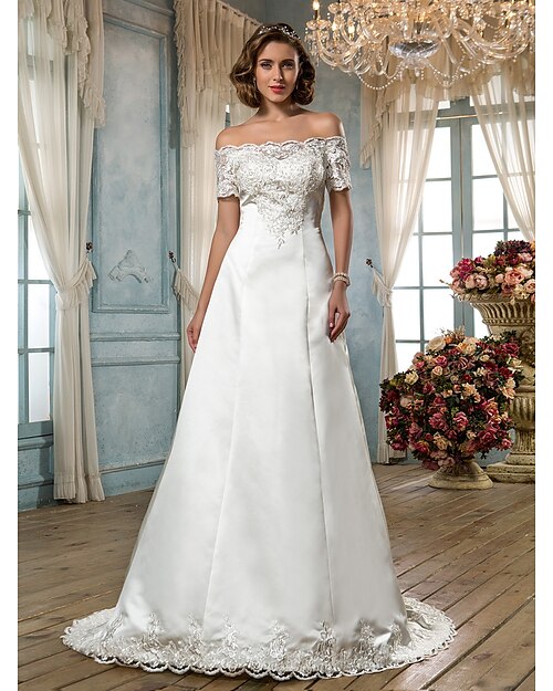 Linha A Ombro a Ombro Cauda Escova Cetim Vestidos de casamento feitos à medida com Miçangas / Apliques / Botão de LAN TING BRIDE®