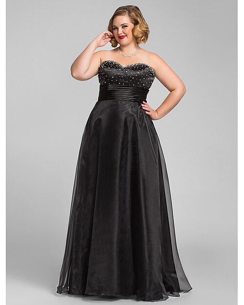 a-line svart klänning balklänning formell kväll golvlängd ärmlös älskling organza med rynkad pärla 2024