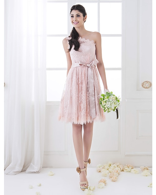 A-Line One Shoulder Knee Length Lace Bridesmaid Dress with Sash / Ribbon