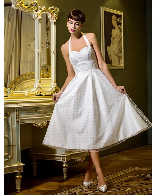 A-linje / Prinsessa Halterneck Telång Tyll Bröllopsklänningar tillverkade med Draperad av LAN TING BRIDE® / Liten vit klänning