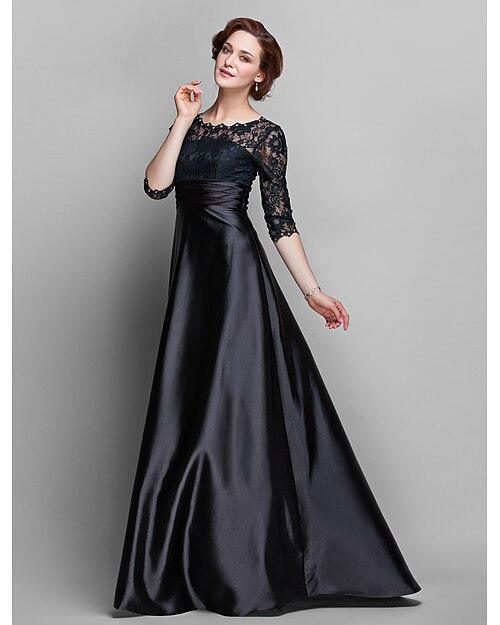 A-Line Mother of the Bride Dress See Through Jewel Neck Sweep / Brush Train Lace Over Satin Half Sleeve with Lace Ruched Crystals 2022 / Illusion Sleeve