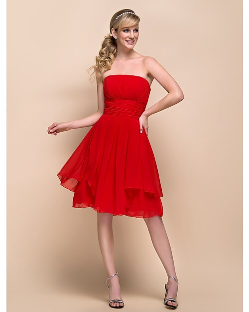 A-Line Princess Strapless Knee Length Chiffon Bridesmaid Dress with Draping Ruched by