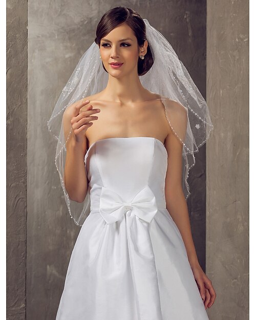 Two-tier Elbow Wedding Veil With Beadings