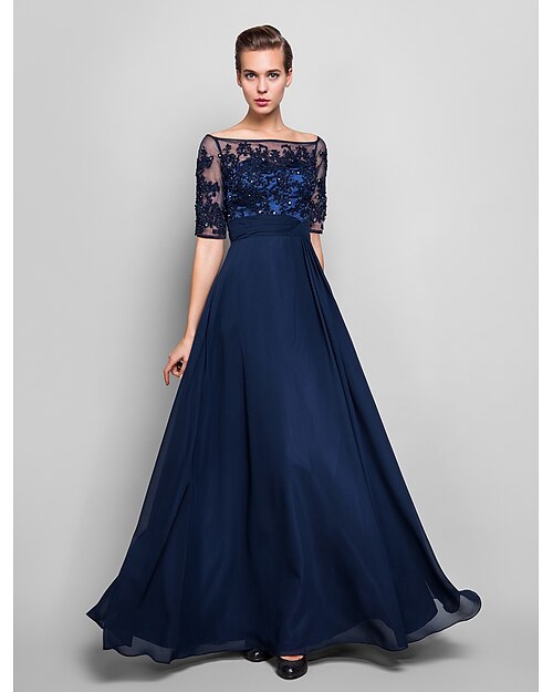 Eng anliegend Vintage inspiriert Kleid Formeller Abend Boden-Länge Halbe Ärmel Illusionsausschnitt Chiffon mit Perlenstickerei Applikationen 2022