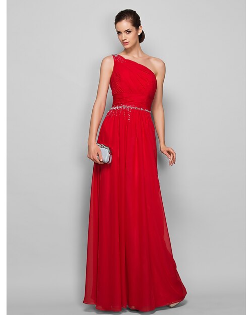 Sheath / Column Minimalist Dress Prom Floor Length Sleeveless One Shoulder Chiffon with Ruched Beading  / Formal Evening