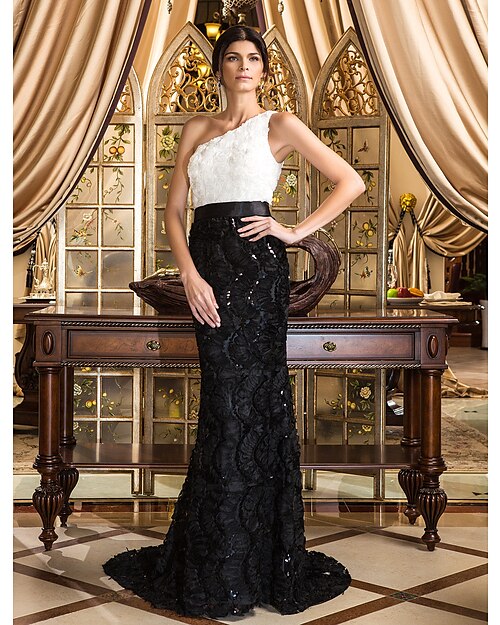 Mermaid / Trumpet Elegant Vintage Inspired Formal Evening Dress One Shoulder Sleeveless Court Train Floral Lace with Lace Flower 2020