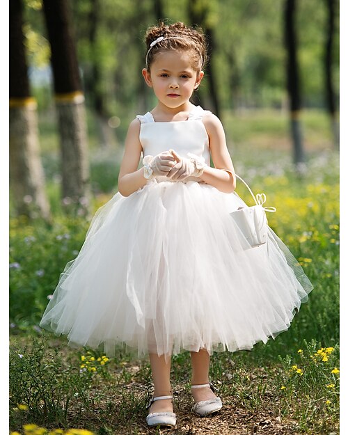 Ball Gown Tea Length Flower Girl Dress First Communion Cute Prom Dress Satin with Sash / Ribbon Two Piece Fit 3-16 Years