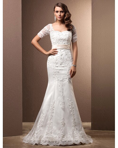 Mermaid / Trumpet Sweetheart Neckline Sweep / Brush Train Lace Made-To-Measure Wedding Dresses with Beading / Appliques / Sash / Ribbon by LAN TING BRIDE®