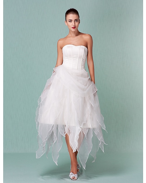 Báli ruha Esküvői ruhák Szív-alakú Aszimmetrikus Organza Pánt nélküli Kis fehér szoknyák val vel Cakkos 2020
