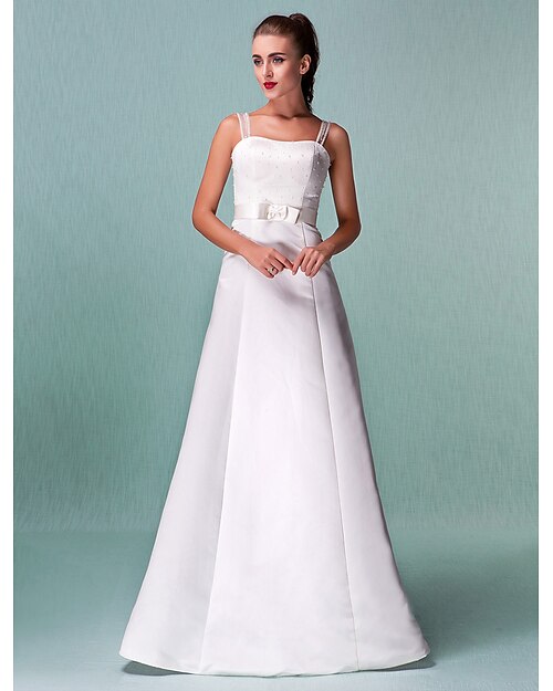 Hall Wedding Dresses A-Line Square Neck Camisole Spaghetti Strap Floor Length Satin Bridal Gowns With Sash / Ribbon 2023 Summer Wedding Party, Women's Clothing