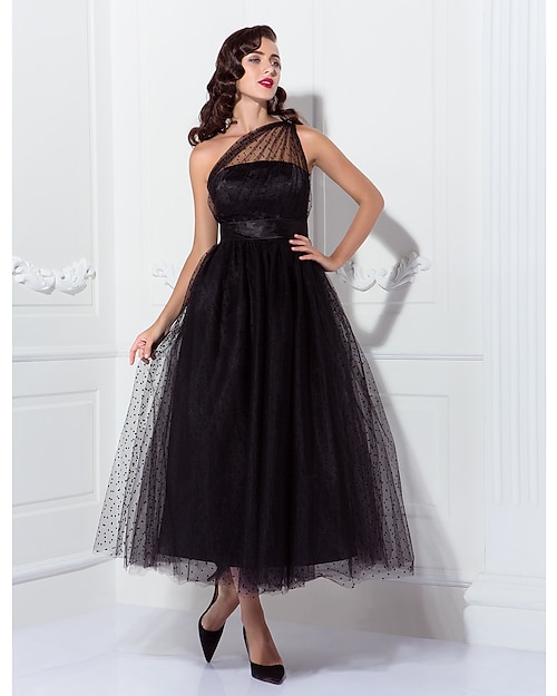 vonalas koktél fekete ruha vintage ruha halloween bokáig érő ujjatlan egy váll szerda addams családi tüll redős mintával / print 2024