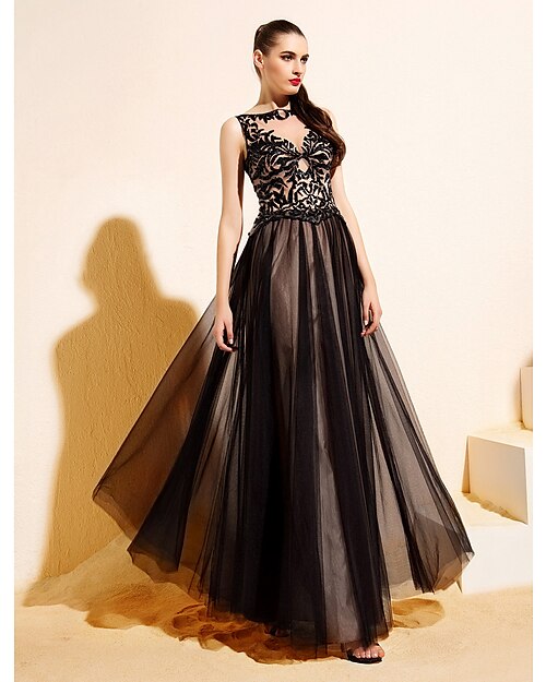 Ball Gown Beautiful Back Sparkle & Shine See Through Prom Formal Evening Black Tie Gala Dress Bateau Neck Sleeveless Floor Length Tulle with Sequin 2020