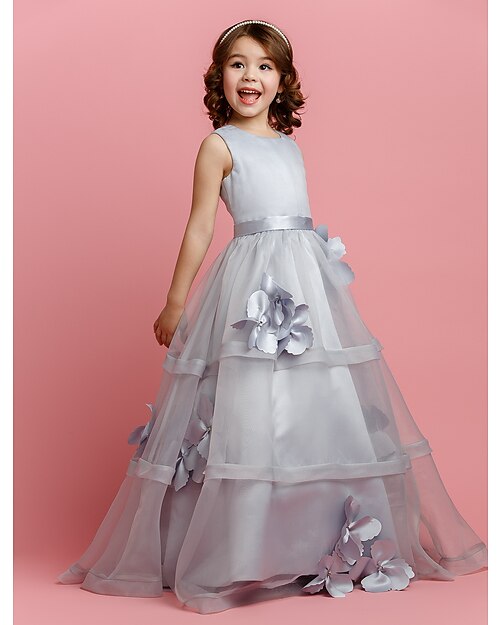 A-Line Floor Length Pageant Flower Girl Dresses - Organza / Satin Sleeveless Jewel Neck with Sash / Ribbon / Buttons / Flower