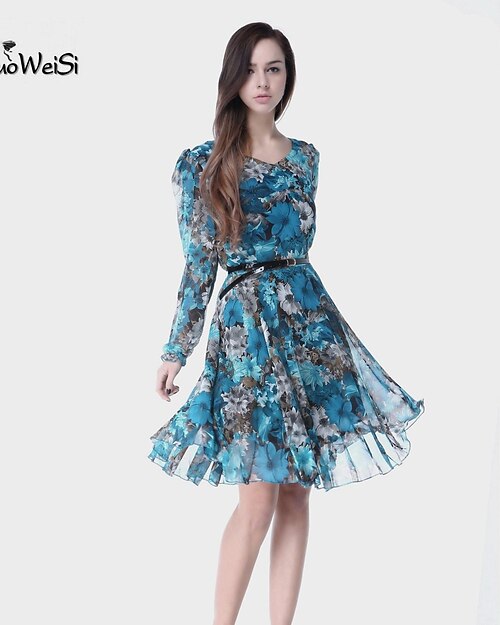 NUO WEI SI®   Women's All Match Floral Print Long Sleeve Dress