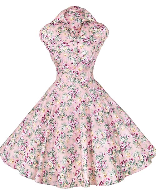 Women's Party Vintage A Line Dress - Floral Print Pleated Boat Neck All Seasons Cotton Blue Pink