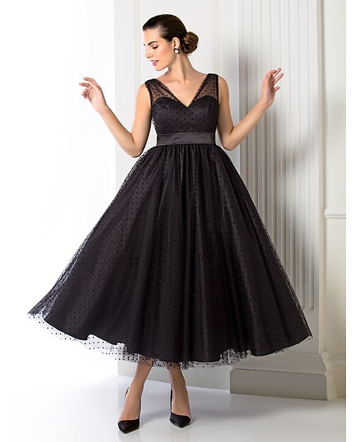 vestido de festa de baile minimalista dos anos 1950, feriado, baile, decote em V, sem mangas, comprimento chá, tule com faixa/fita/baile de formatura/noite formal