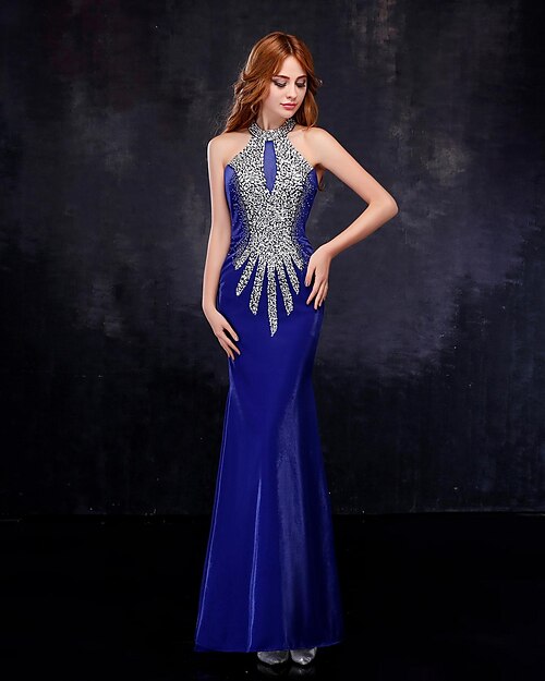 Sheath / Column High Neck Floor Length Tulle Sparkle & Shine Formal Evening Dress with Crystals by LAN TING Express