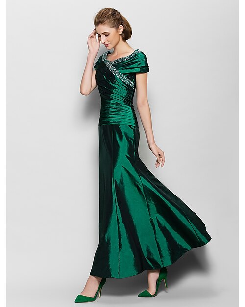 A-Line Mother of the Bride Dress Vintage Inspired V Neck Ankle Length Taffeta Short Sleeve with Beading Side Draping 2020