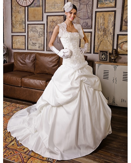 Wedding Dresses Ball Gown Strapless Strapless Chapel Train Satin Bridal Gowns With Pick Up Skirt Appliques 2024