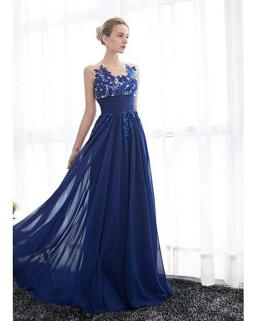 A-Line Illusion Neck Floor Length Tulle / Georgette Formal Evening Dress with Appliques by LAN TING Express