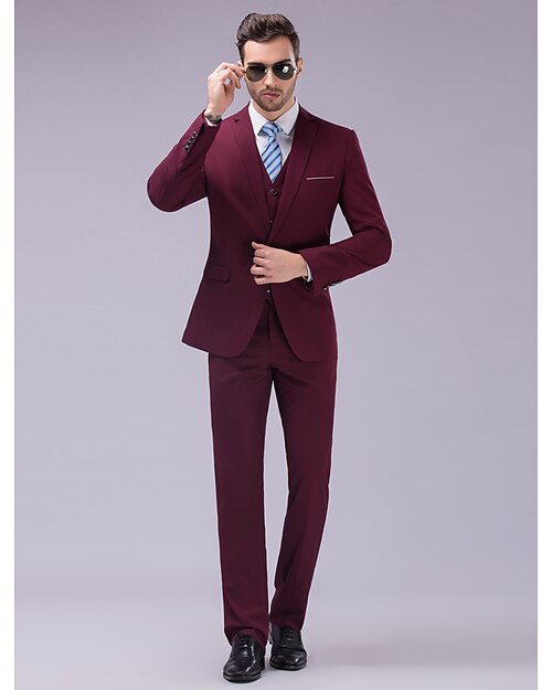 バーガンディー 男性用 バレンタイン スーツ スリムフィット シングルブレスト 一つボタン 2022