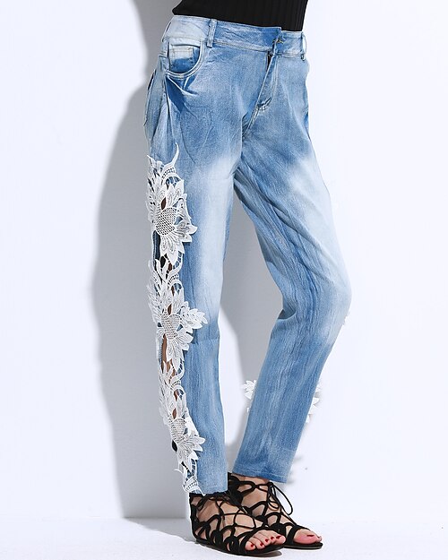 Mulheres Jeans Calças Cintura Média Diário Micro-Elástica Cor Sólida Azul Claro S / Gravidez