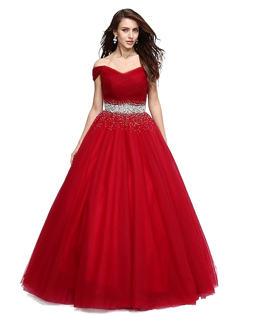 Ballkleid Elegant Kleid Formeller Abend Boden-Länge Ärmellos V-Wire Ausschnitt Tüll mit Perlenstickerei Paillette 2024