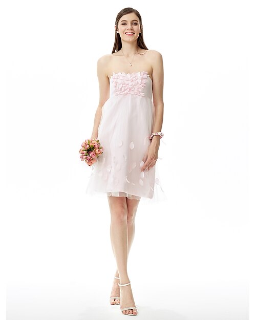 Ball Gown / A-Line Strapless Knee Length Satin / Tulle Bridesmaid Dress with Flower