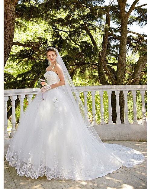 Ball Gown Strapless Cathedral Train Tulle Wedding Dress with Lace Ruffle by TYSY
