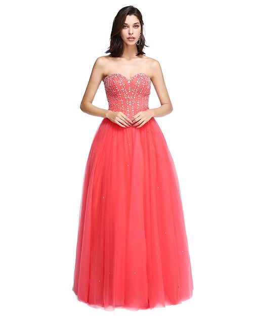 A-Line Sparkle & Shine Dress Formal Evening Floor Length Sleeveless Strapless Satin with Beading 2024