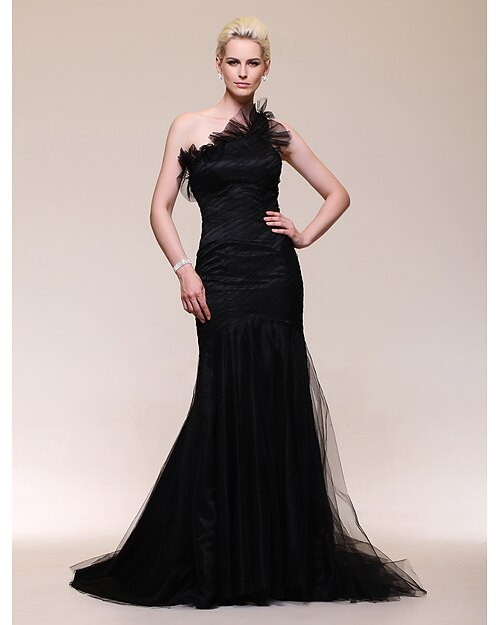 Mermaid / Trumpet Celebrity Style Inspired by Golden Globe Vintage Inspired Formal Evening Dress One Shoulder Sleeveless Sweep / Brush Train Tulle with Ruffles Side Draping 2021