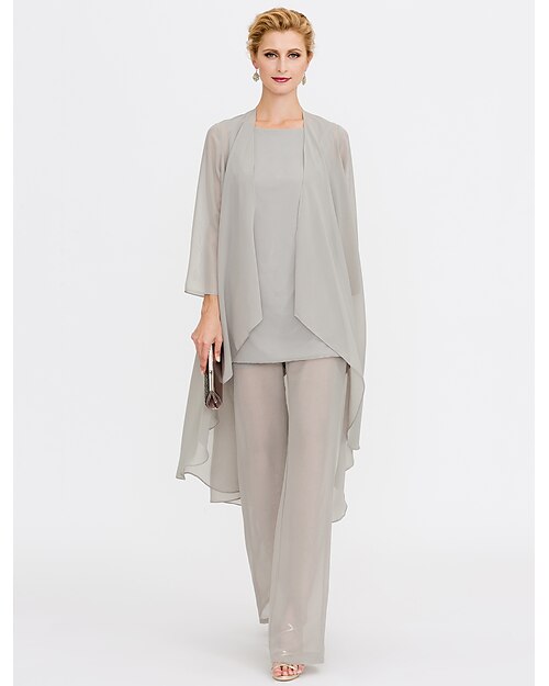 Matrimonio in Spiaggia Tuta  Completo 3 Pezzi Madre della Sposa Ospite Elegante Taglie Forti Inclusa Collo Bateau Lunghezza A Terra Chiffon Senza Maniche Giacca con Colore Unito 2025