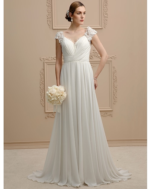 Beach Wedding Dresses A-Line V Neck Cap Sleeve Sweep / Brush Train Chiffon Bridal Gowns With Beading Flower 2023
