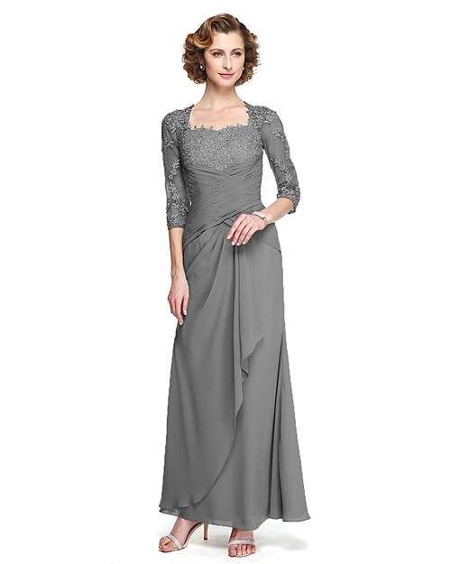 Sheath / Column Mother of the Bride Dress Elegant Square Neck Ankle Length Chiffon Floral Lace Half Sleeve with Criss Cross Appliques 2021