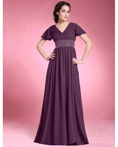 A-Line Mother of the Bride Dress Elegant V Neck Floor Length Chiffon Short Sleeve with Criss Cross Pleats Ruched 2020