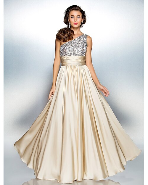 A-Line Sparkle Dress Prom Floor Length Sleeveless One Shoulder Chiffon Over Satin with Sequin 2022
