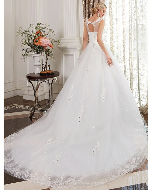 Ball Gown Wedding Dresses Scoop Neck Court Train Satin Lace Over Tulle Regular Straps Country Glamorous Sparkle & Shine Illusion Detail with Lace Beading 2022