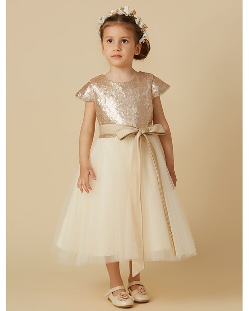 Princess Tea Length Flower Girl Dresses Pageant Tulle Short Sleeve Jewel Neck with Bow(s) 2022