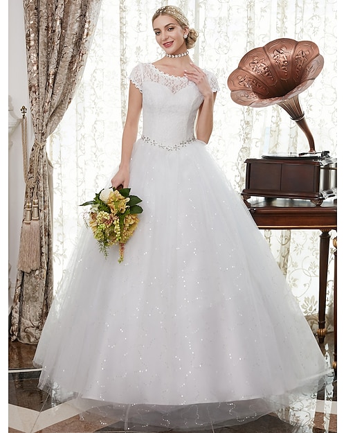 A-Line Wedding Dresses Scoop Neck Floor Length Satin Lace Over Tulle Cap Sleeve Romantic Illusion Detail with Crystals Appliques 2022