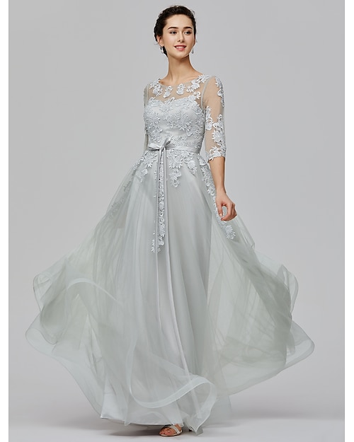A-Line Empire Dress Wedding Guest Prom Floor Length Half Sleeve Illusion Neck Tulle with Bow(s) Appliques 2024